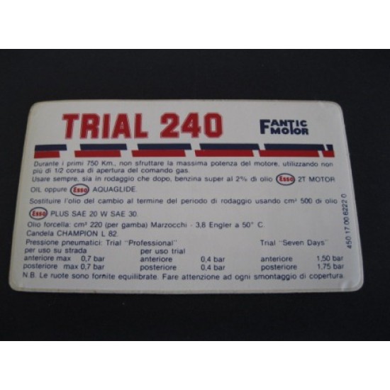 Adesivo Dati Tecnici Fantic 240